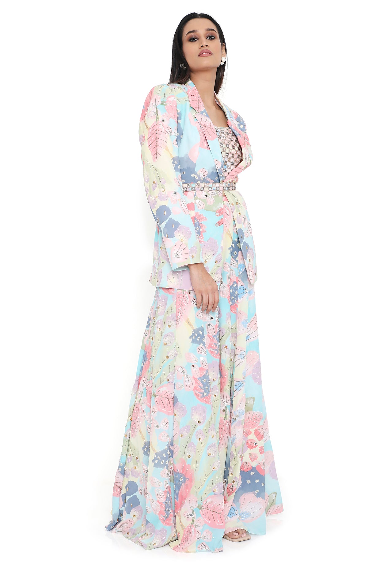 Fresia Euphoria Print Embroidered Blazer With Bustier And Sharara With Belt