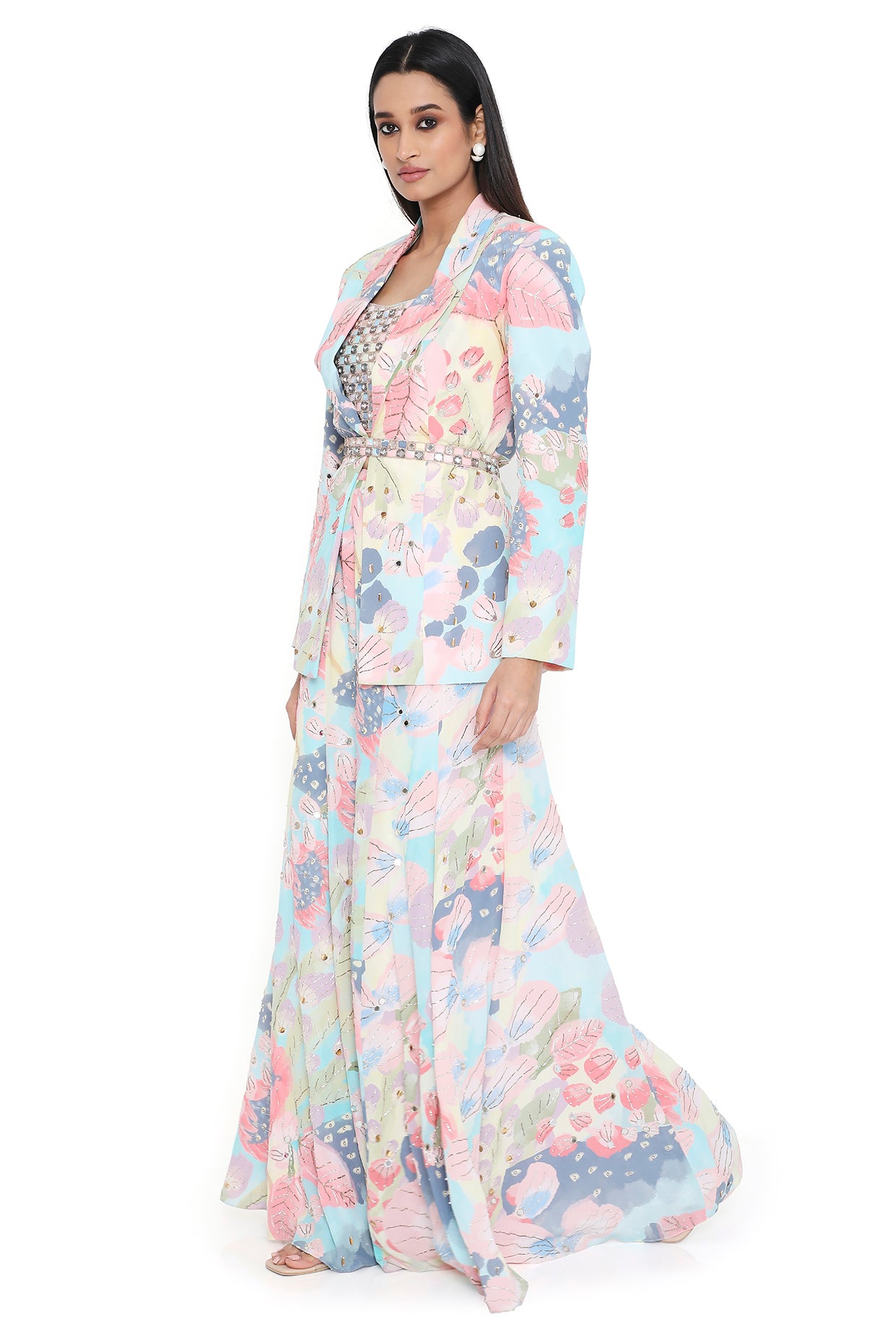 Fresia Euphoria Print Embroidered Blazer With Bustier And Sharara With Belt