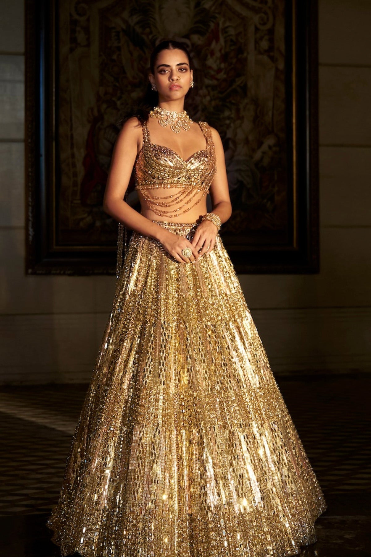 Gold Crystal Lehenga Set