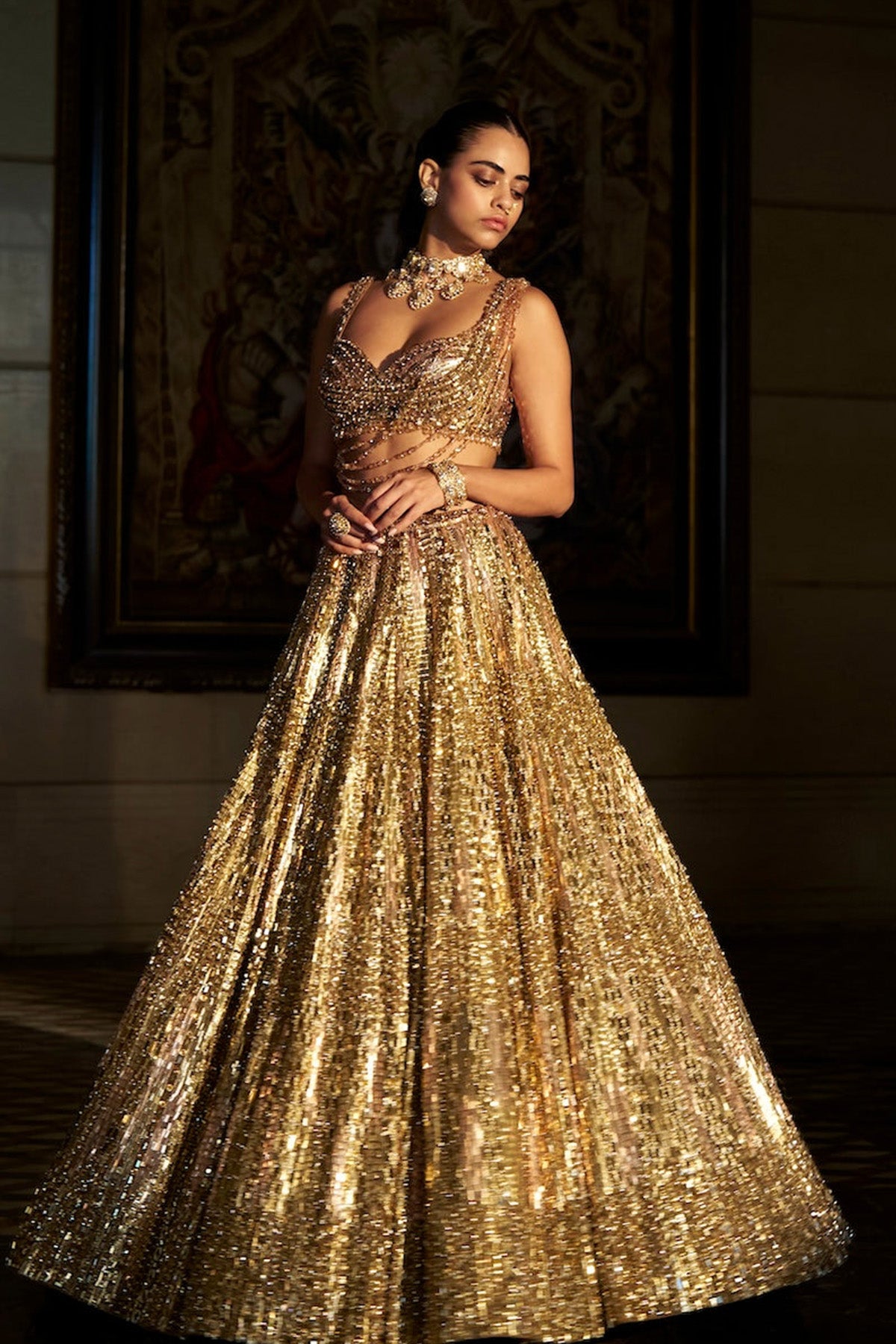 Gold Crystal Lehenga Set