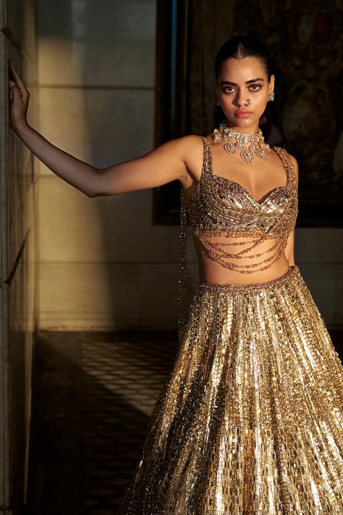 Gold Crystal Lehenga Set