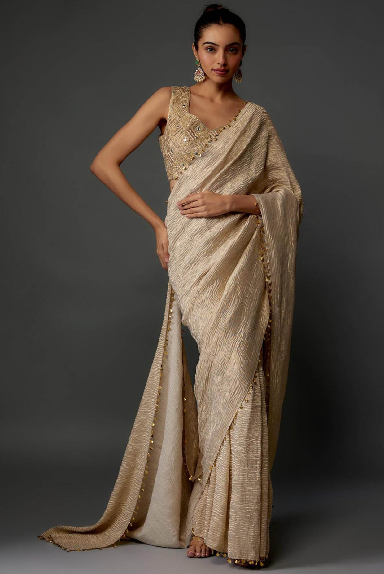 Gold Embroidered Choli And Pre-Stitched Saree