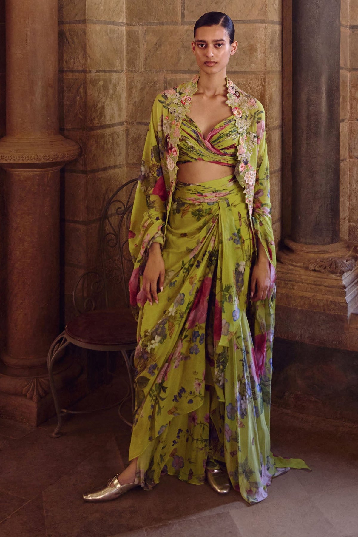 Green Printed 3D Utsa Rushing Cape Set