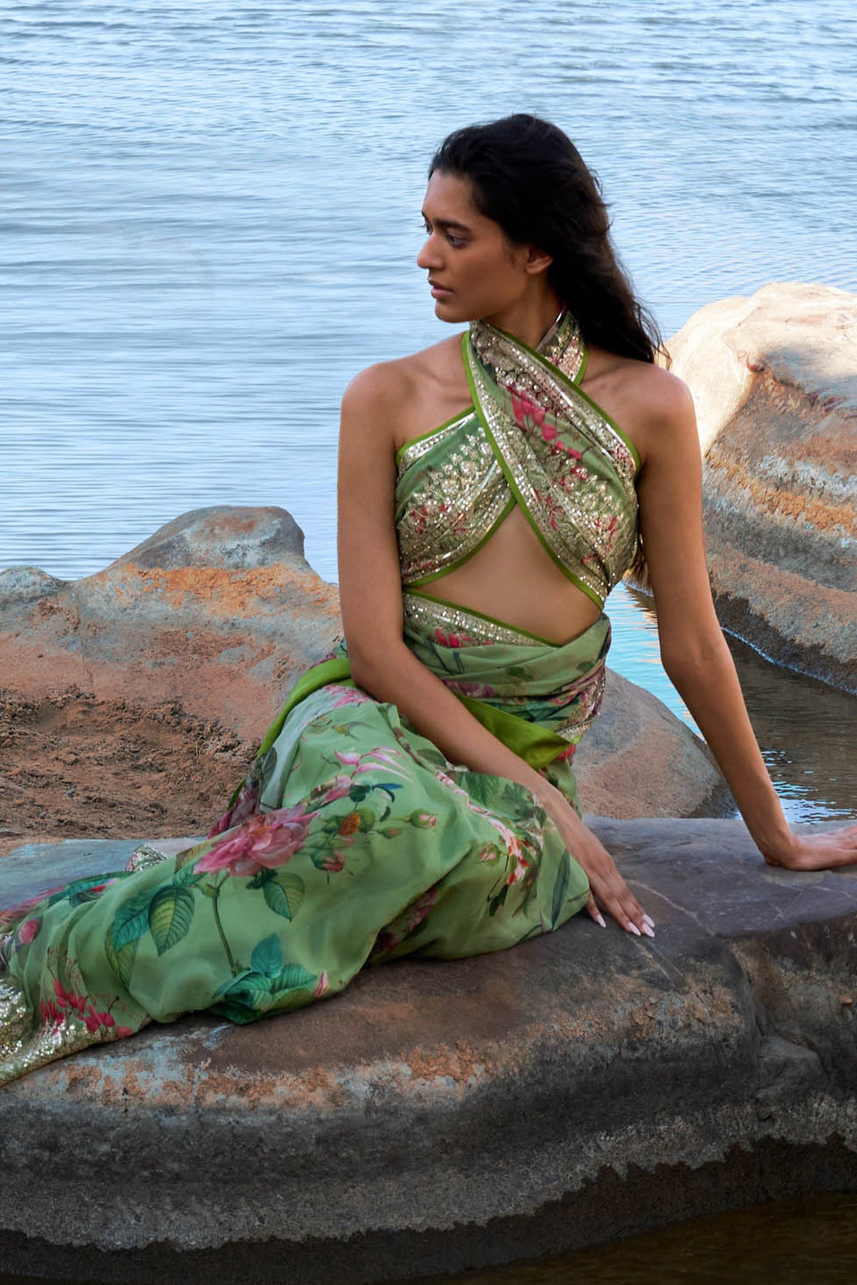 Green Ruh Printed Saree Set