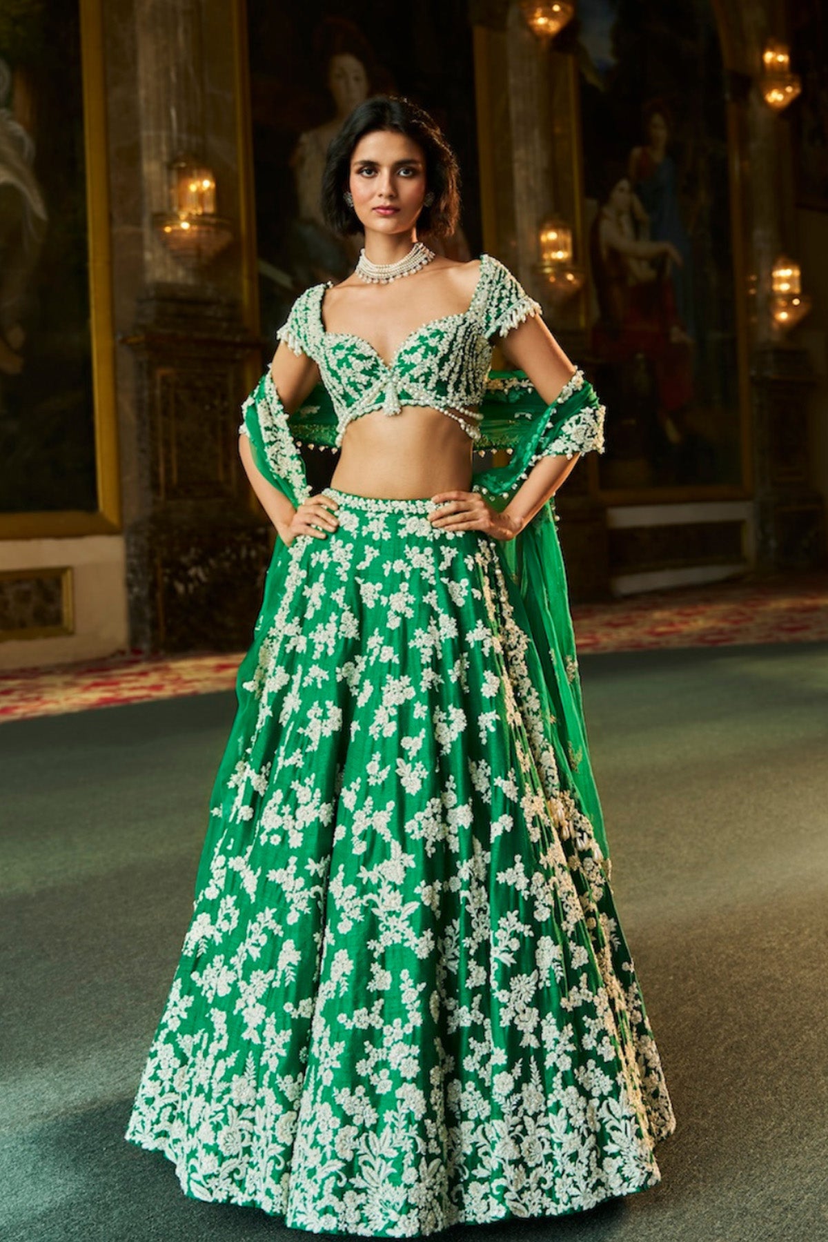 Green Thread Work Lehenga Set
