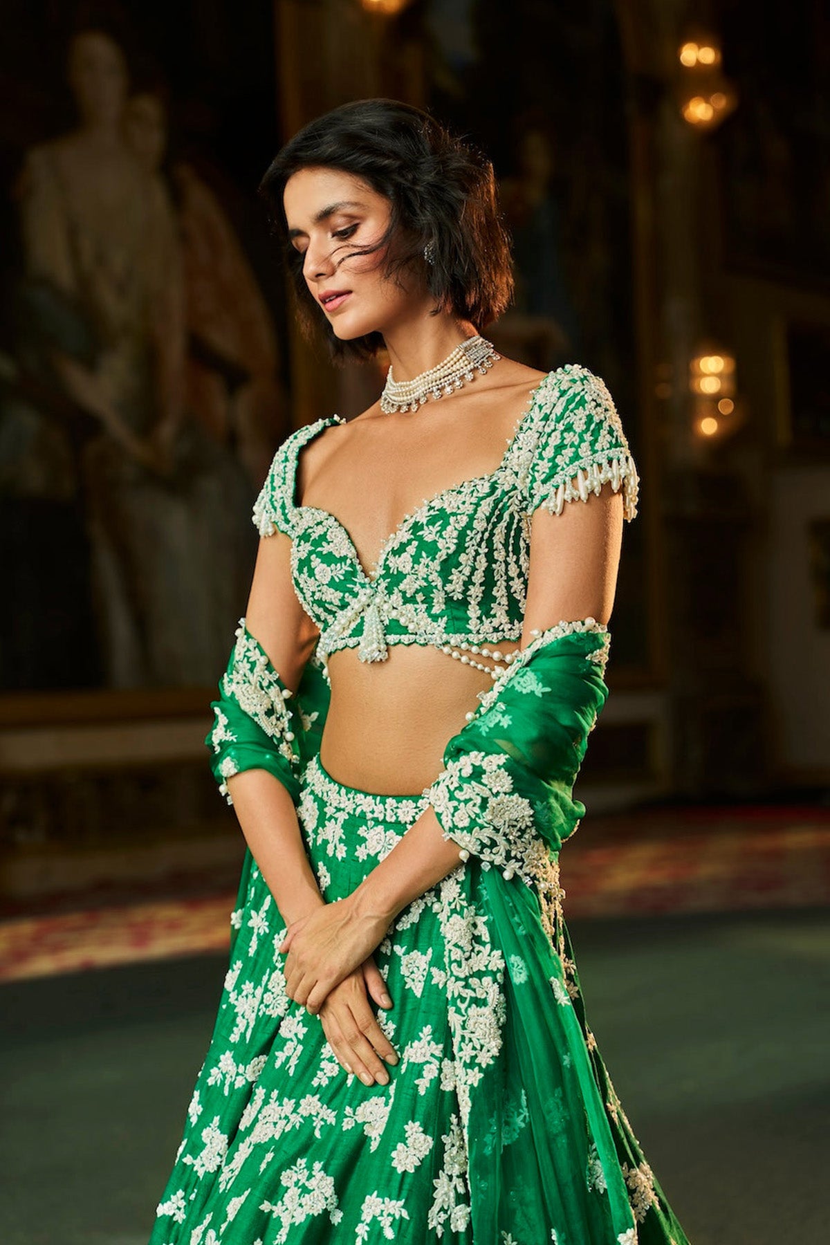Green Thread Work Lehenga Set