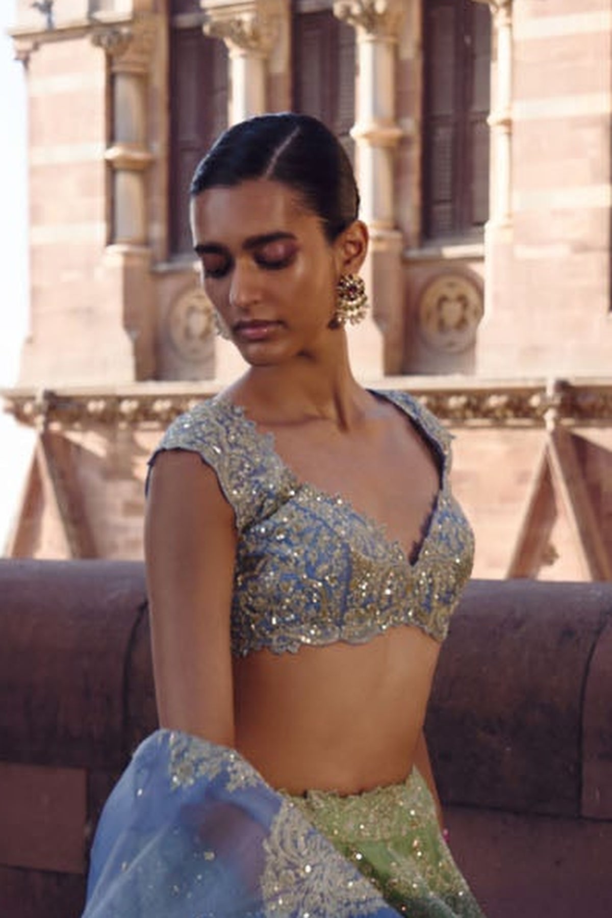 Green To Blue Ombre Crystal Lehenga Set