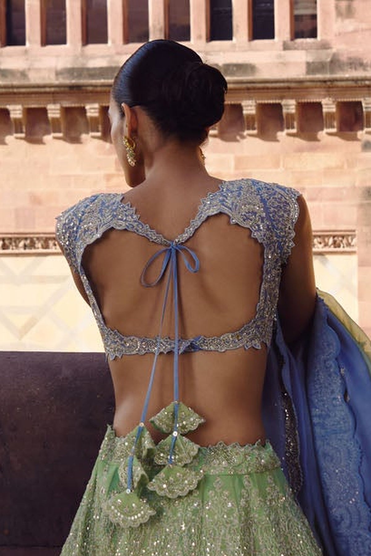 Green To Blue Ombre Crystal Lehenga Set
