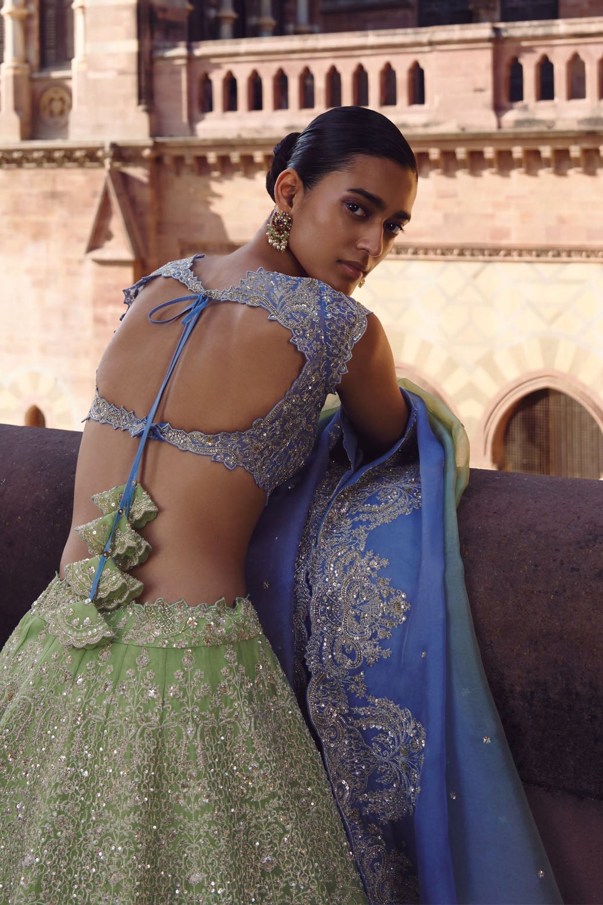 Green To Blue Ombre Crystal Lehenga Set