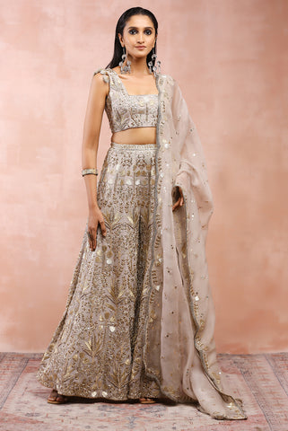 OFF WHITE APPLIQUE EMBROIDERED CHOLI WITH SHARARA AND DUPATTA