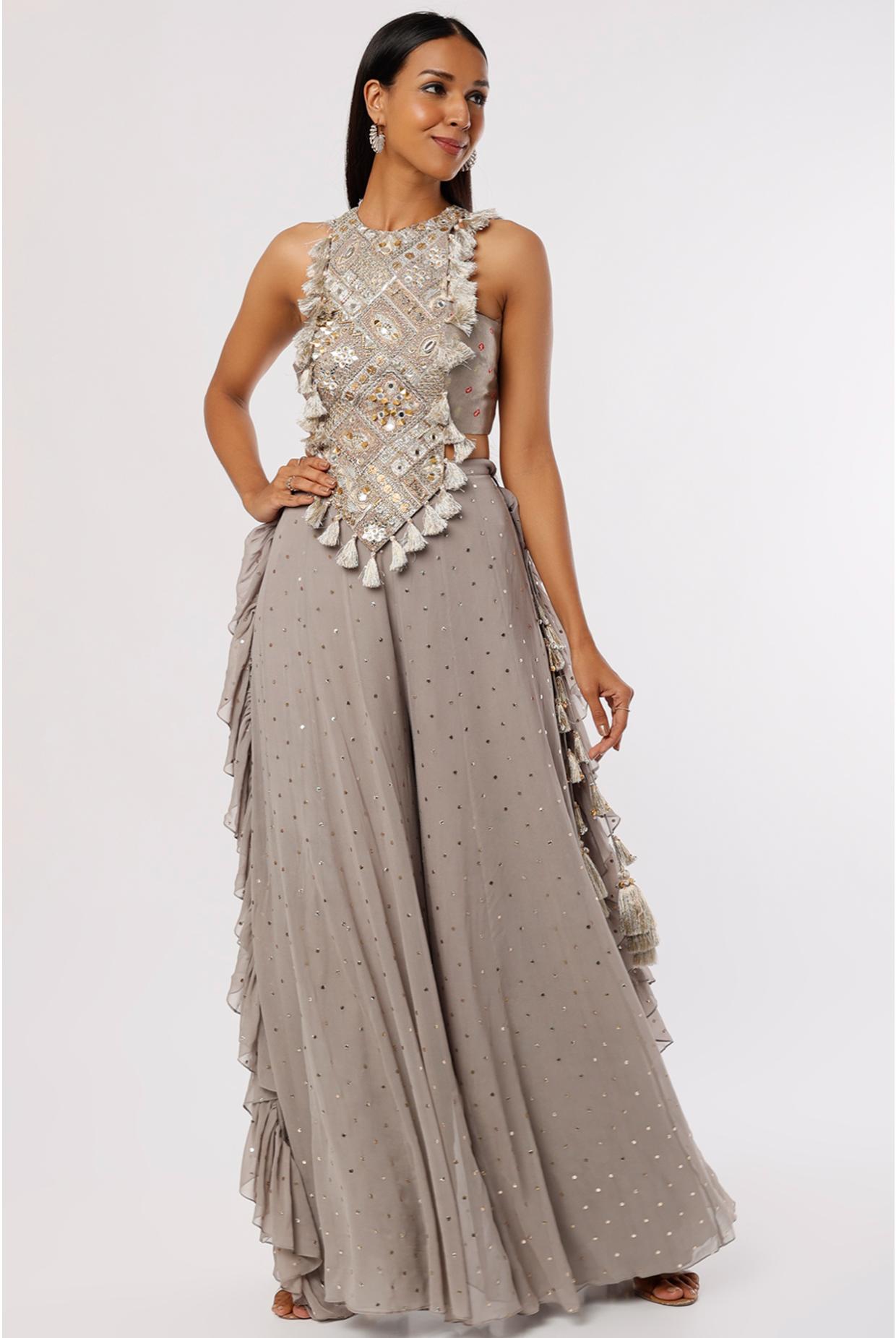 Grey Embroidered Choli & Frill Sharara