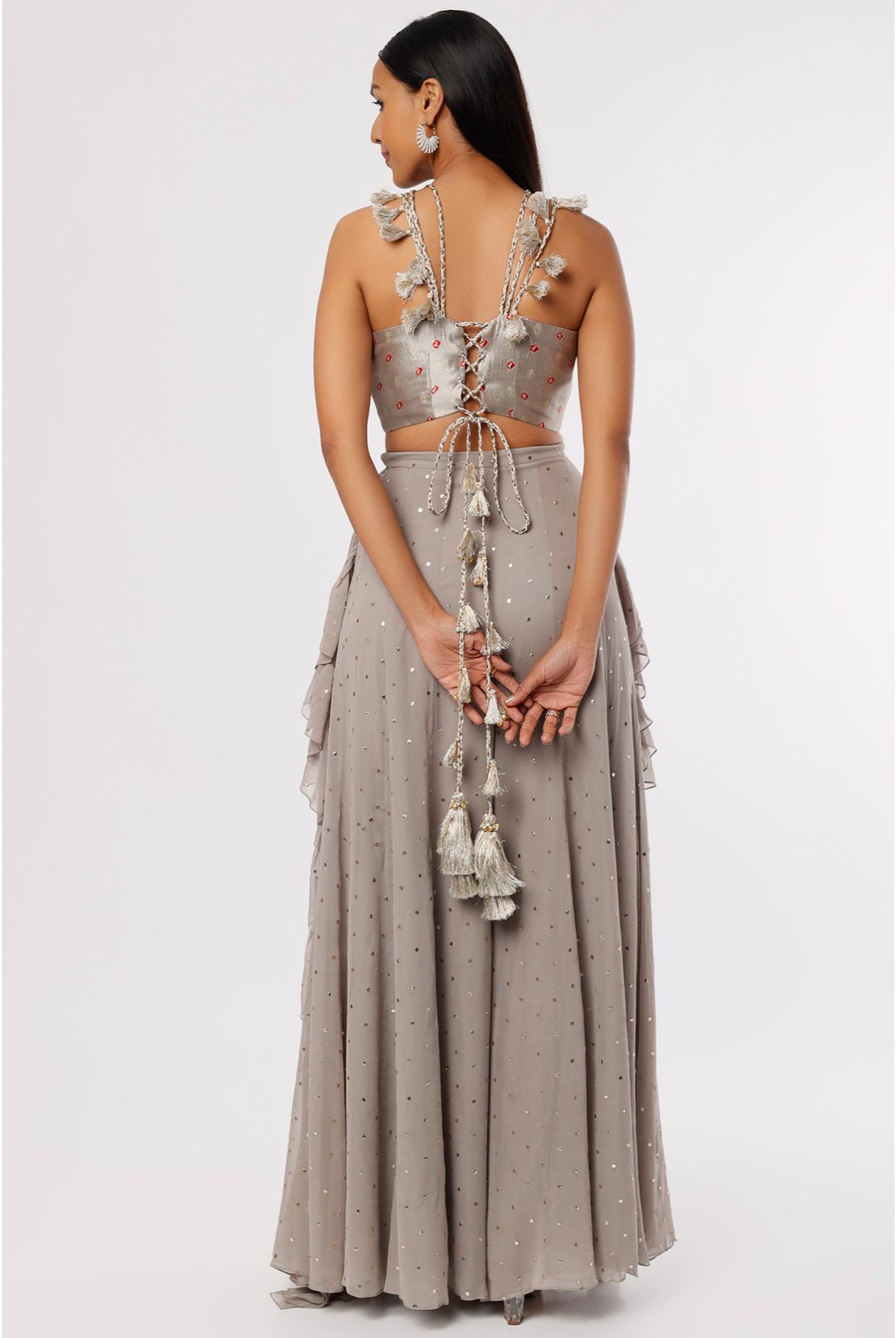 Grey Embroidered Choli & Frill Sharara