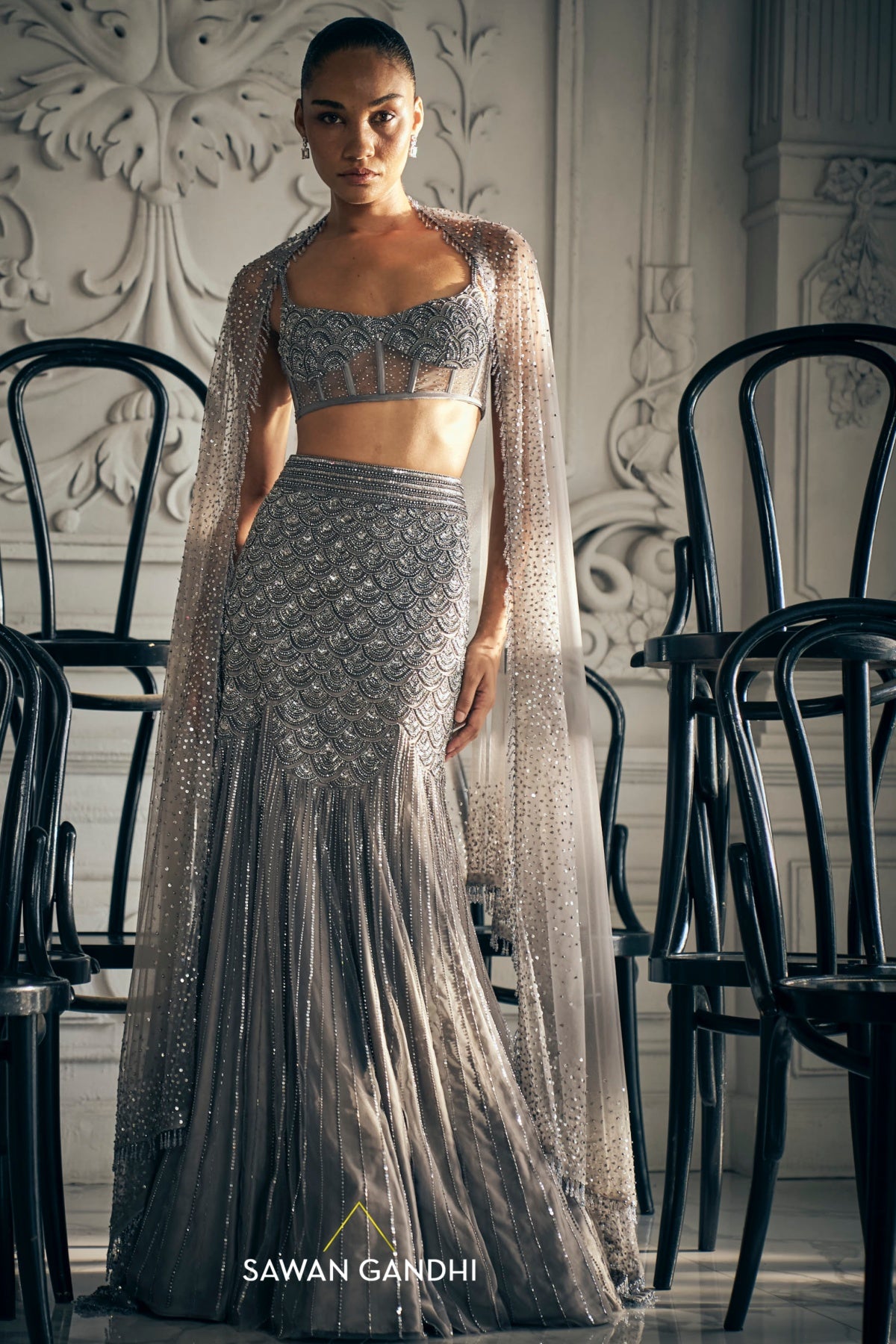 Grey fishcut lehenga