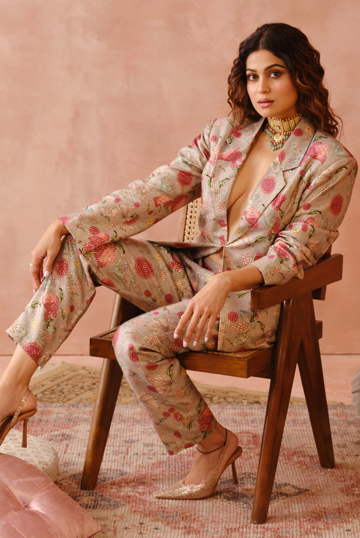 Shamita Shetty in GREY GULBAGH PRINT BLAZER WITH BUSTIER AND PANT