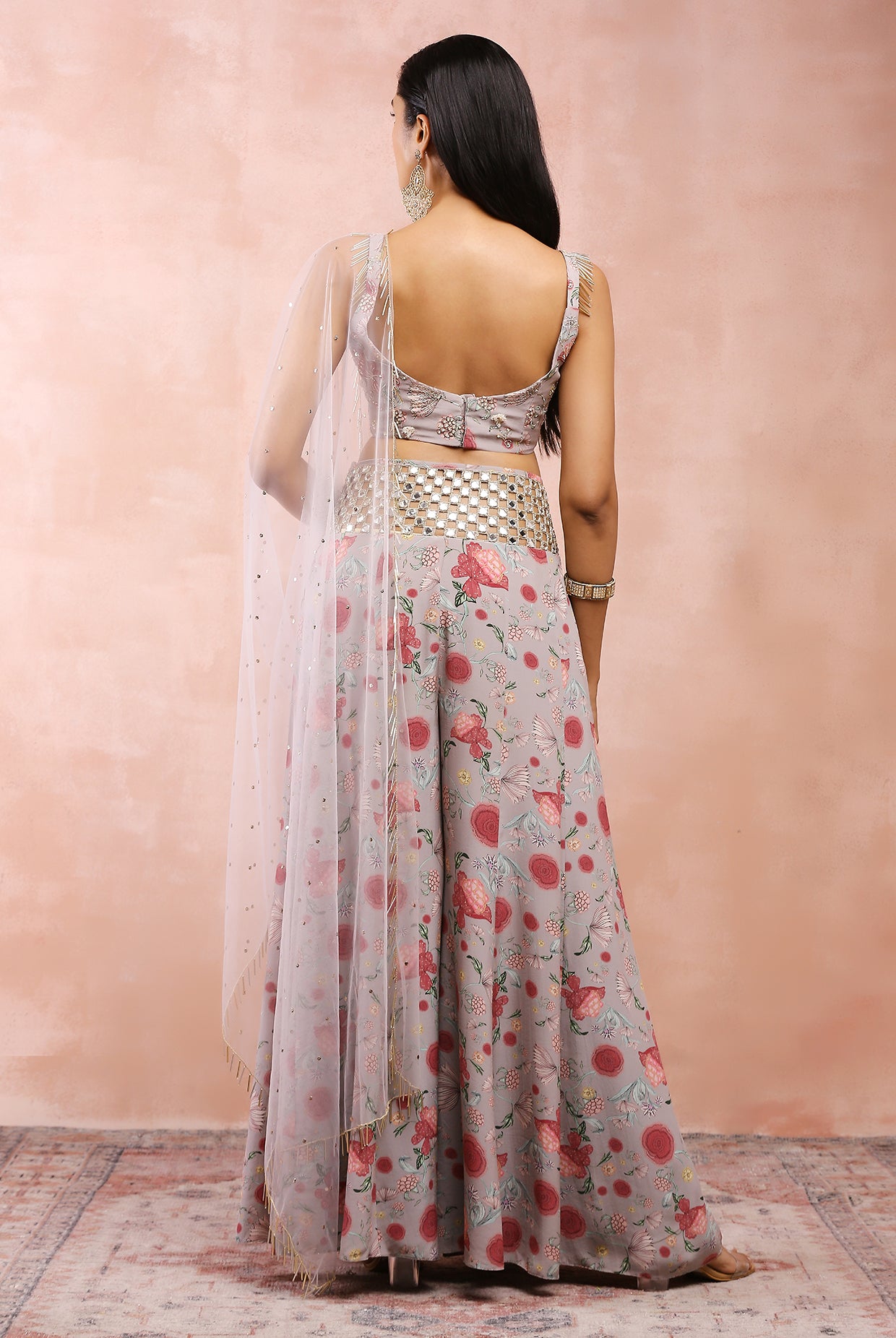GREY GULBAGH PRINT EMBROIDERED CHOLI WITH SHARARA AND DUPATTA