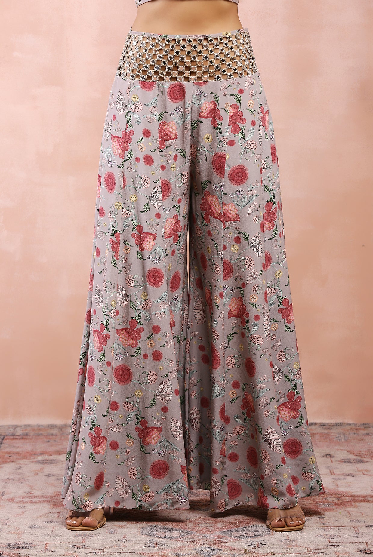 GREY GULBAGH PRINT EMBROIDERED CHOLI WITH SHARARA AND DUPATTA