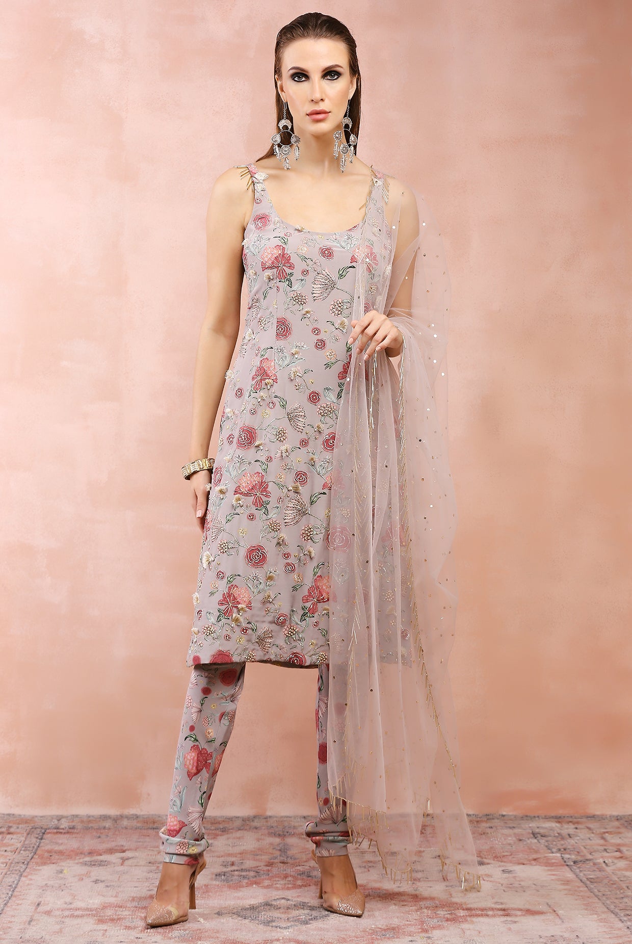GREY GULBAGH PRINT EMBROIDERED KURTA AND CHURIDAR WITH DUPATTA