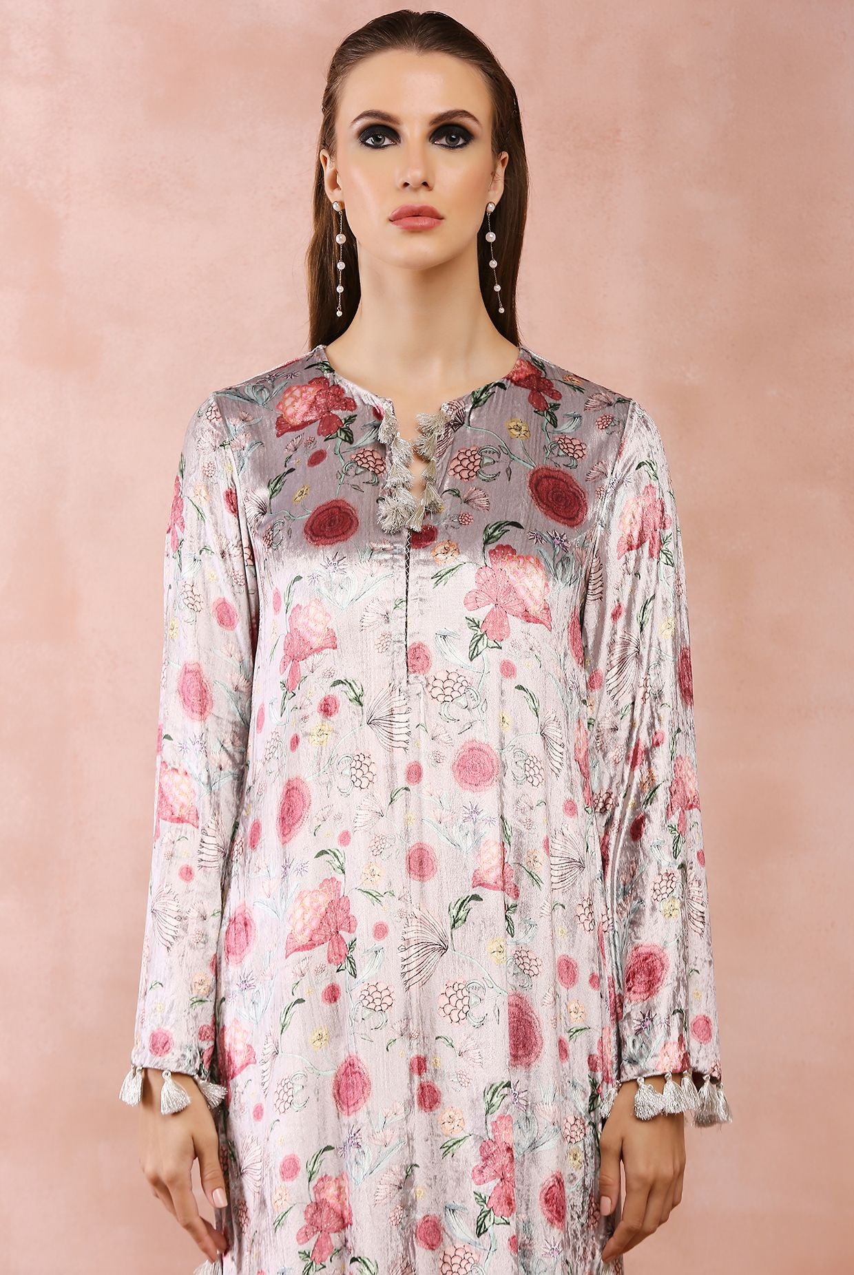 GREY GULBAGH PRINT VELVET KAFTAN WITH BELT