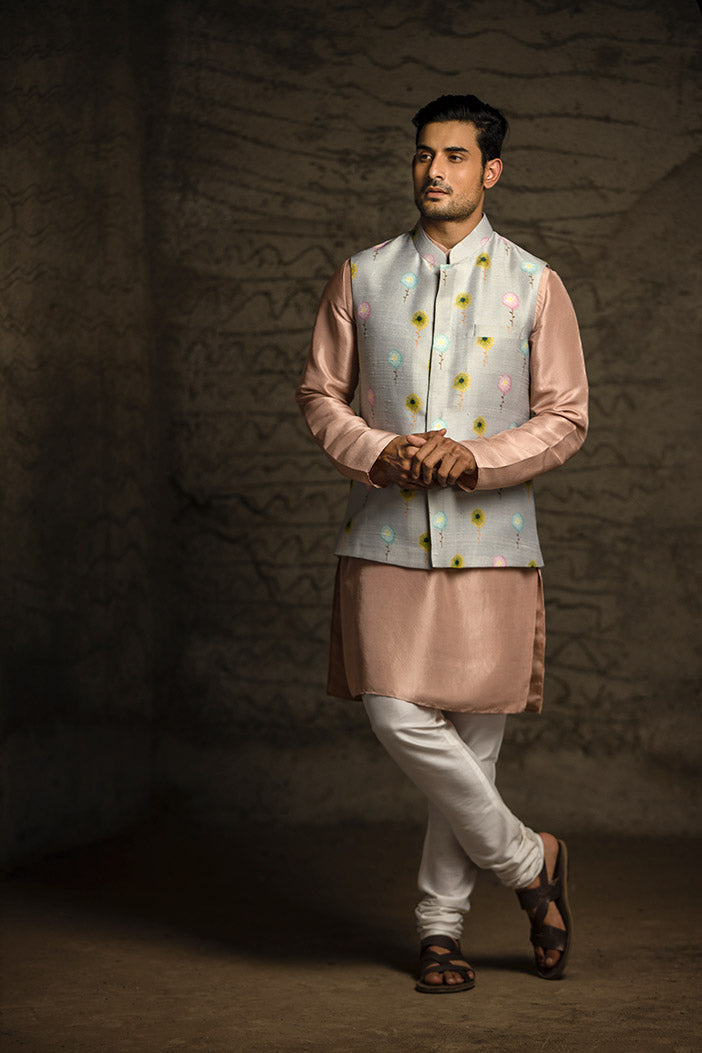 GREY PRINTED DUPION SILK BANDI WITH ROSE PINK SILK KURTA AND OFF WHITE COTTON SILK CHURIDA