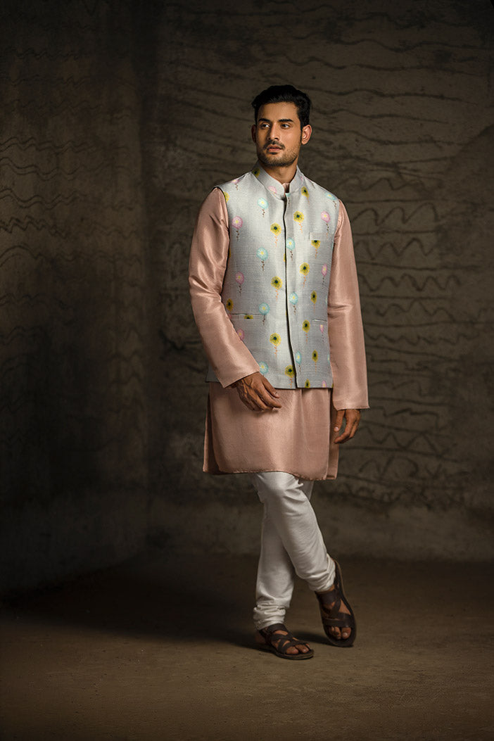 GREY PRINTED DUPION SILK BANDI WITH ROSE PINK SILK KURTA AND OFF WHITE COTTON SILK CHURIDA