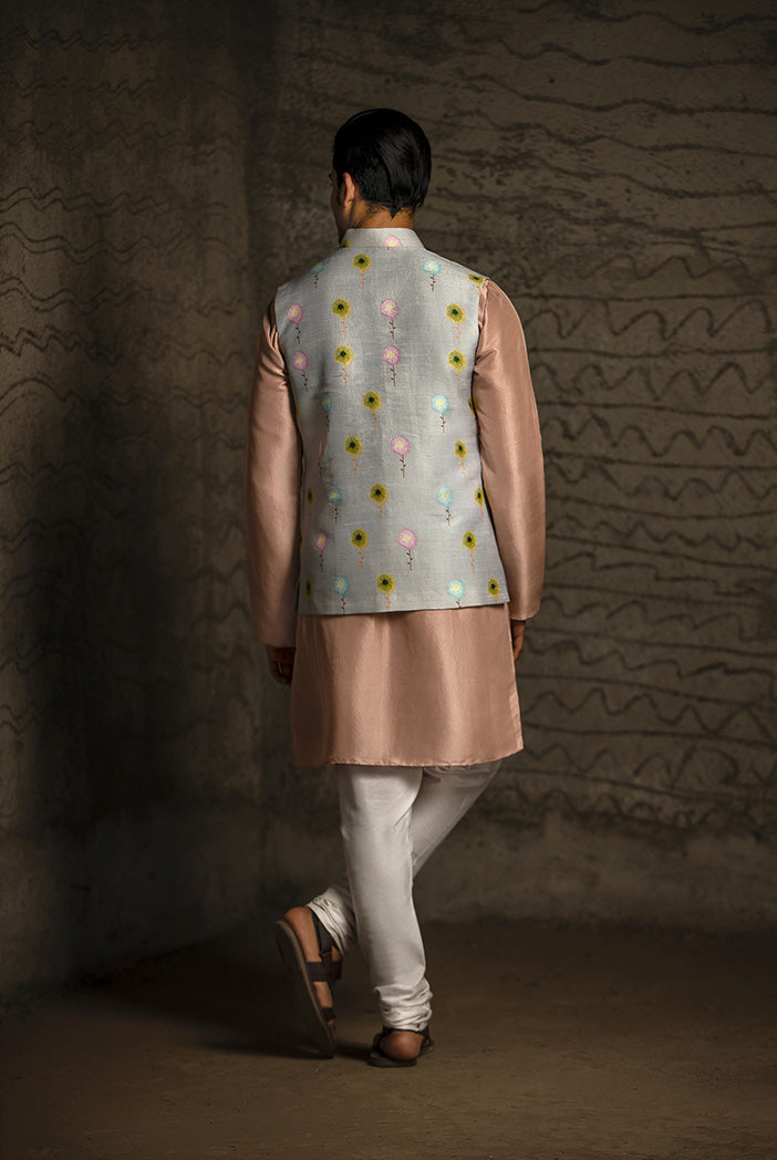 GREY PRINTED DUPION SILK BANDI WITH ROSE PINK SILK KURTA AND OFF WHITE COTTON SILK CHURIDA