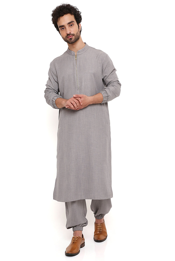 GREY SOFT LINEN BOMBER KURTA WITH JOGGER PANT