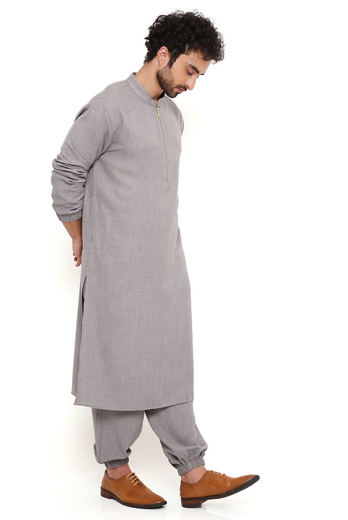 GREY SOFT LINEN BOMBER KURTA WITH JOGGER PANT
