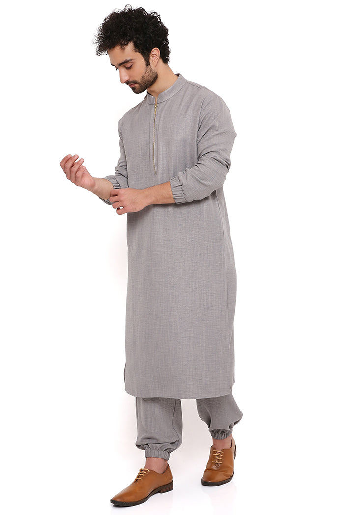 GREY SOFT LINEN BOMBER KURTA WITH JOGGER PANT