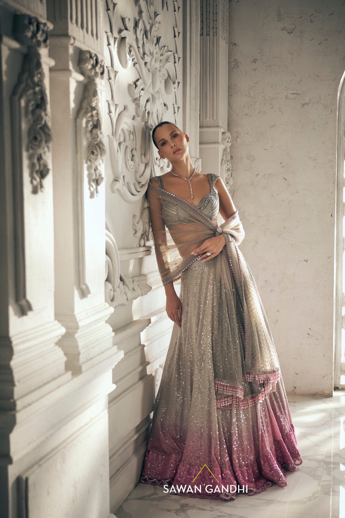 Grey to pink ombre sequins lehenga