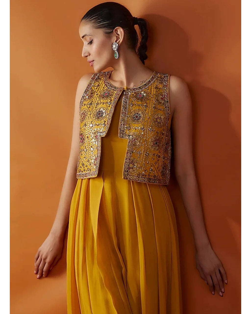 Mustard Pleated Jumpsuit With Short Jacket