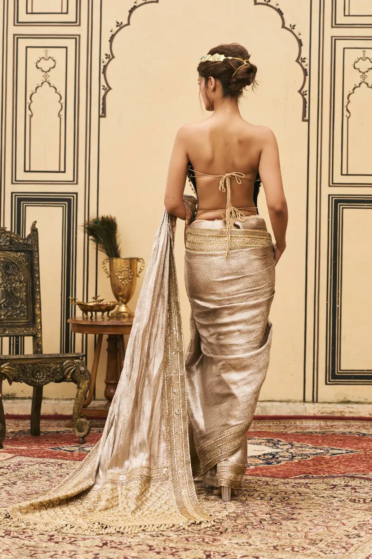 Gulnaar Tissue Brocade Metal Saree Set