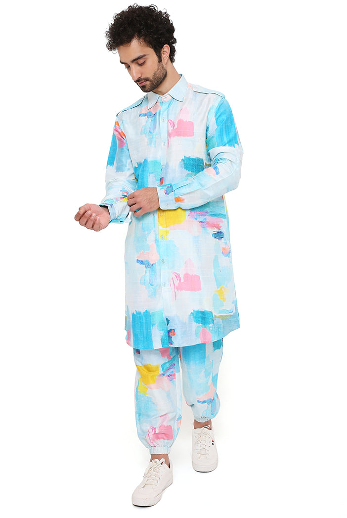 GUSTAV PAINTERLY PRINT DUPION SILK PATHANI KURTA WITH JOGGER PANT