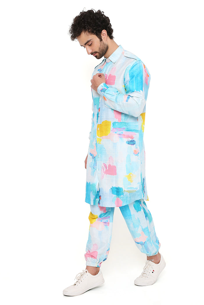 GUSTAV PAINTERLY PRINT DUPION SILK PATHANI KURTA WITH JOGGER PANT