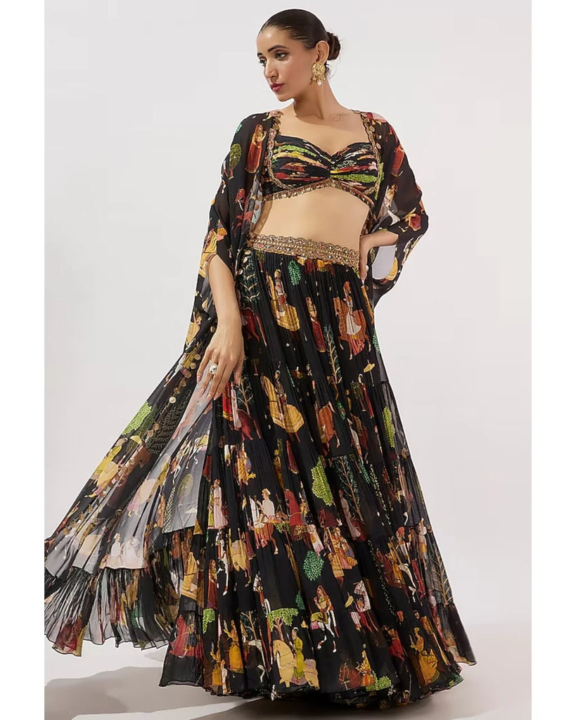Block Flowy Mughal Printed Cape and Skirt Set