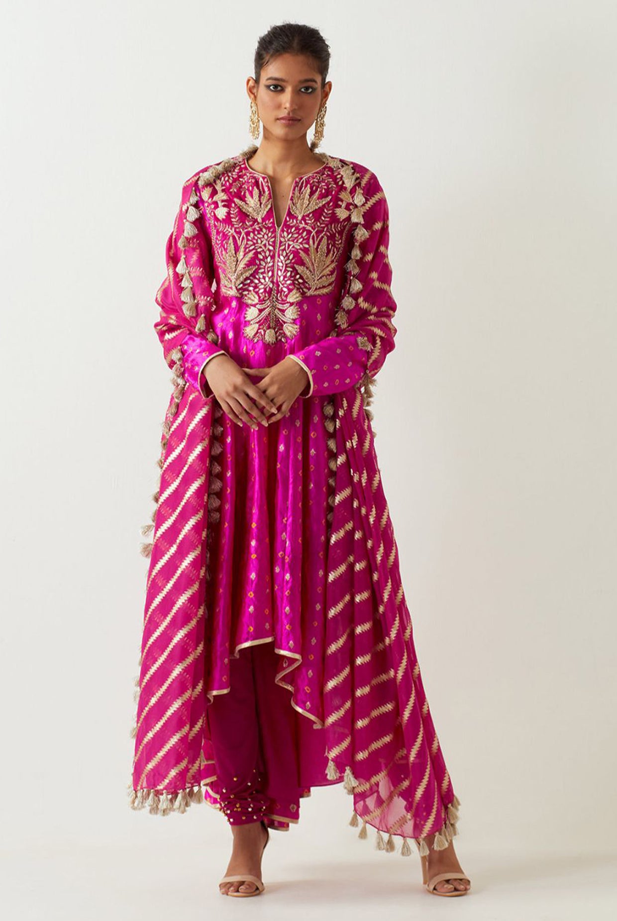 Hot Pink Embroidered Anarkali And Churidar With Organza Dupatta