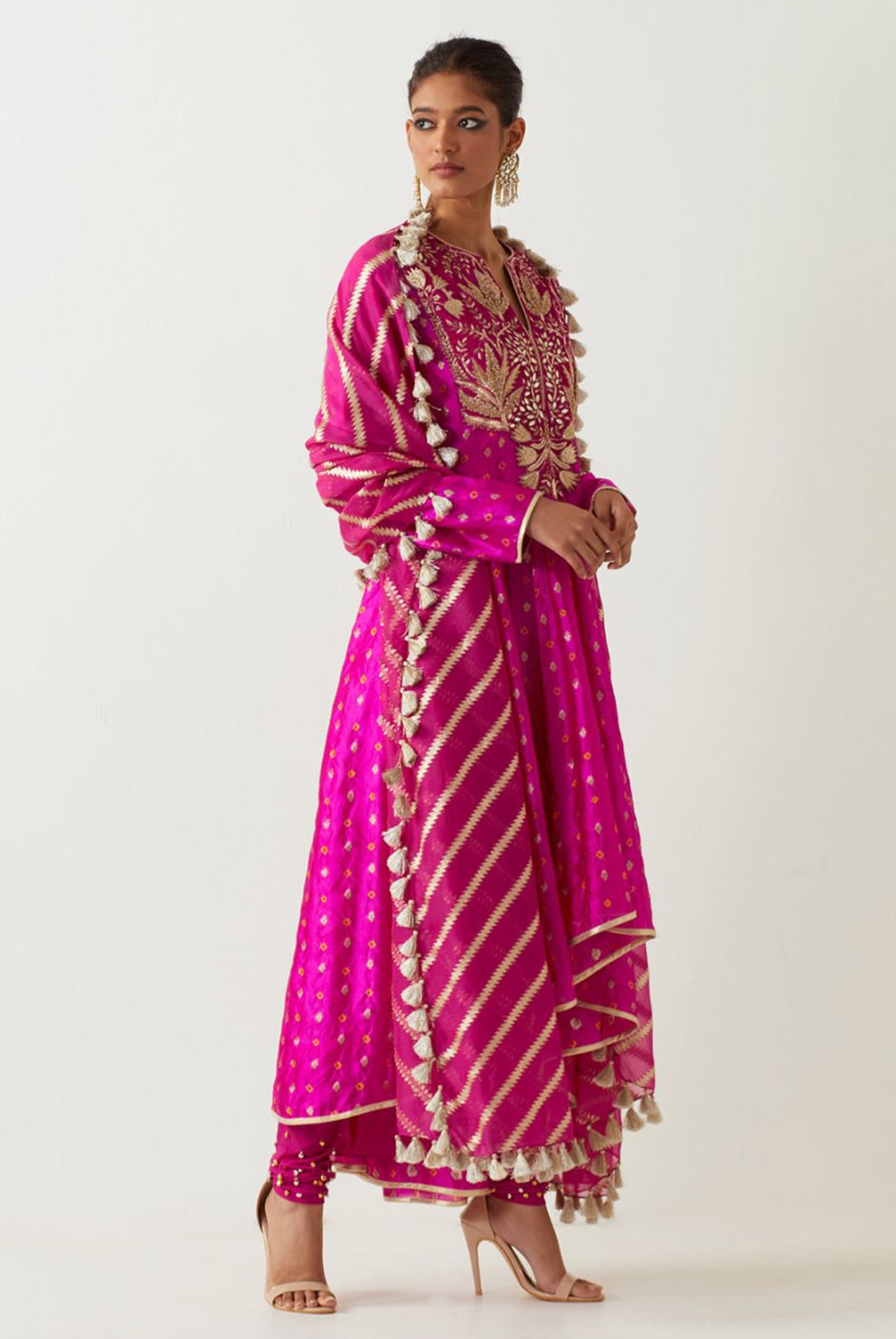 Hot Pink Embroidered Anarkali And Churidar With Organza Dupatta