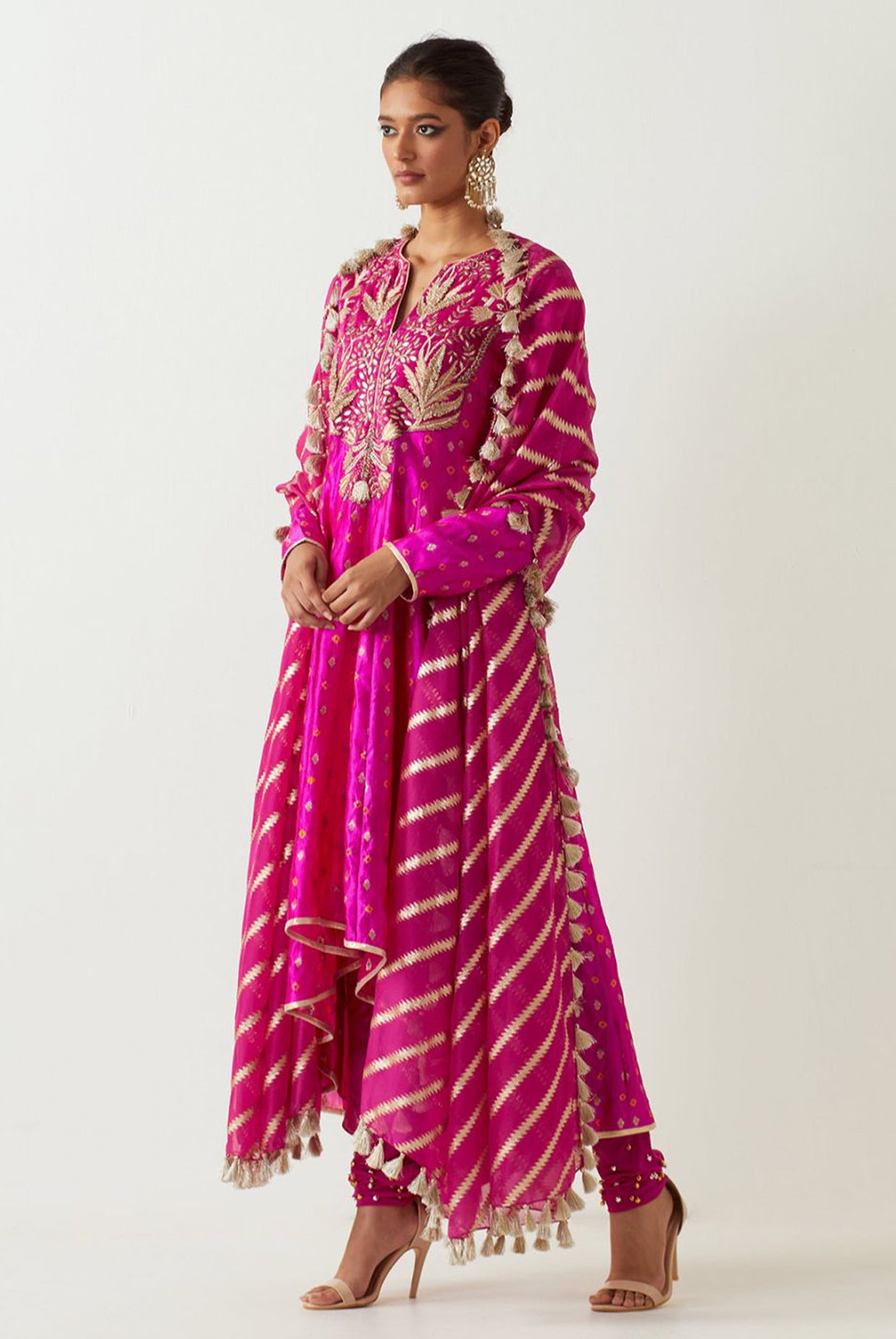 Hot Pink Embroidered Anarkali And Churidar With Organza Dupatta