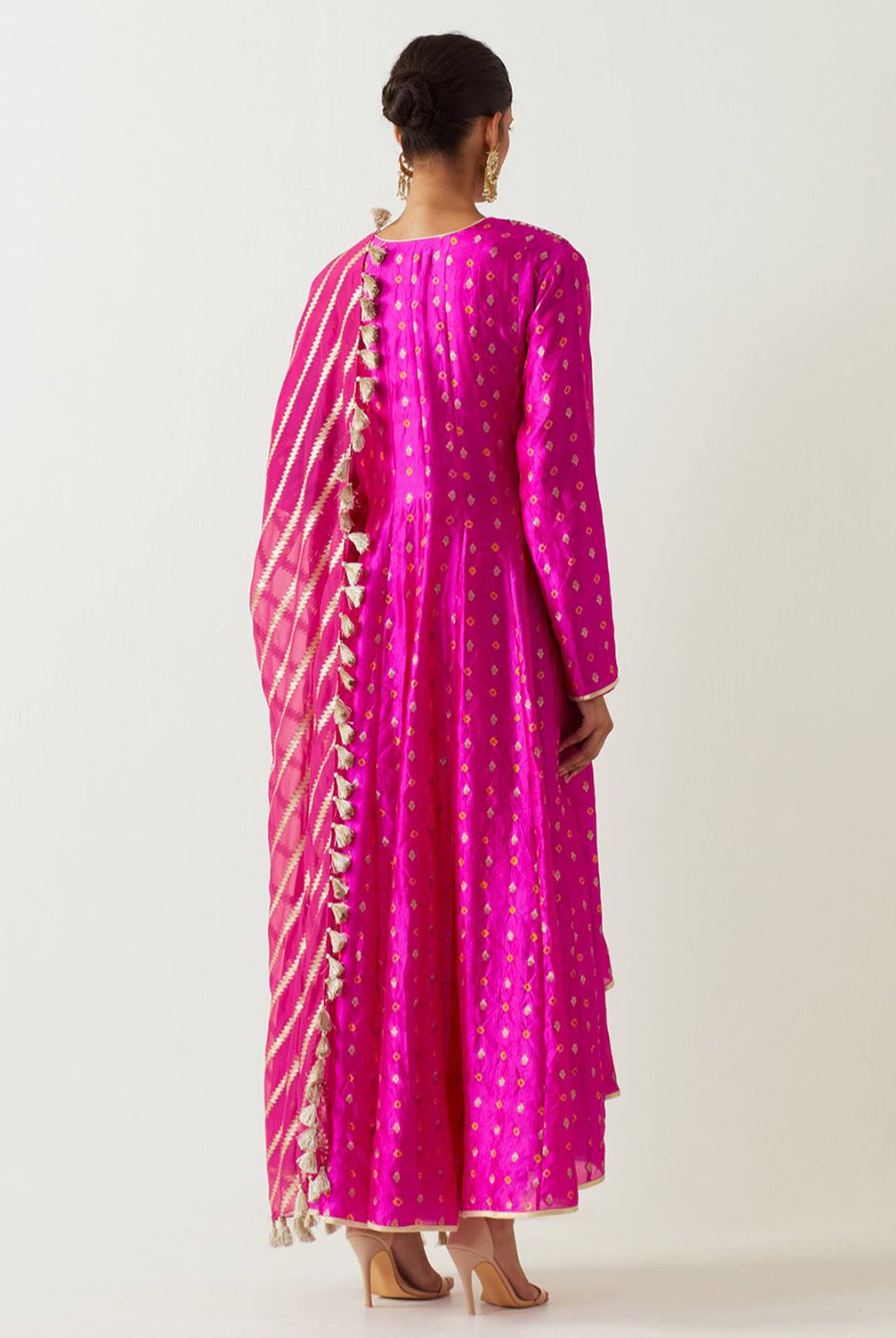 Hot Pink Embroidered Anarkali And Churidar With Organza Dupatta