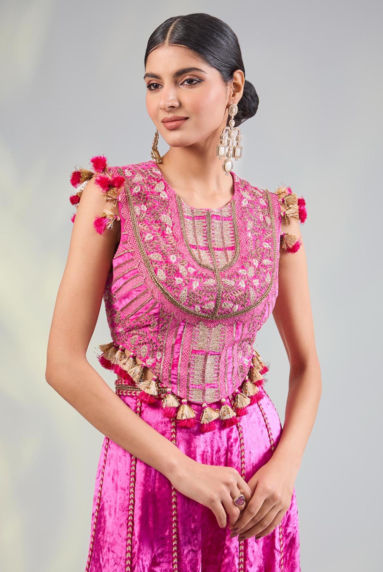 Hot Pink Embroidered Choli With Sharara