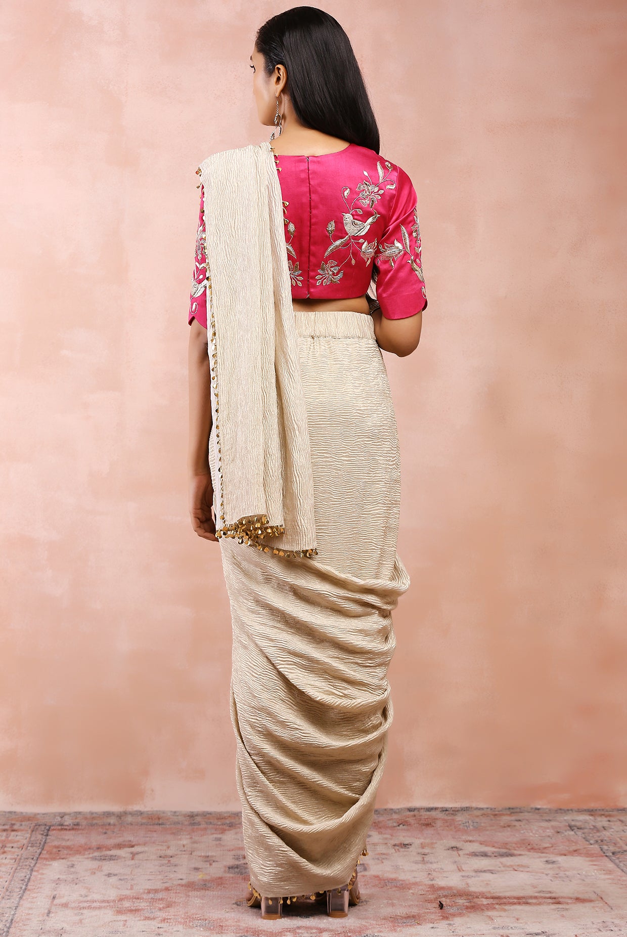 HOT PINK EMBROIDERED CHOLI WITH SILVER SAREE