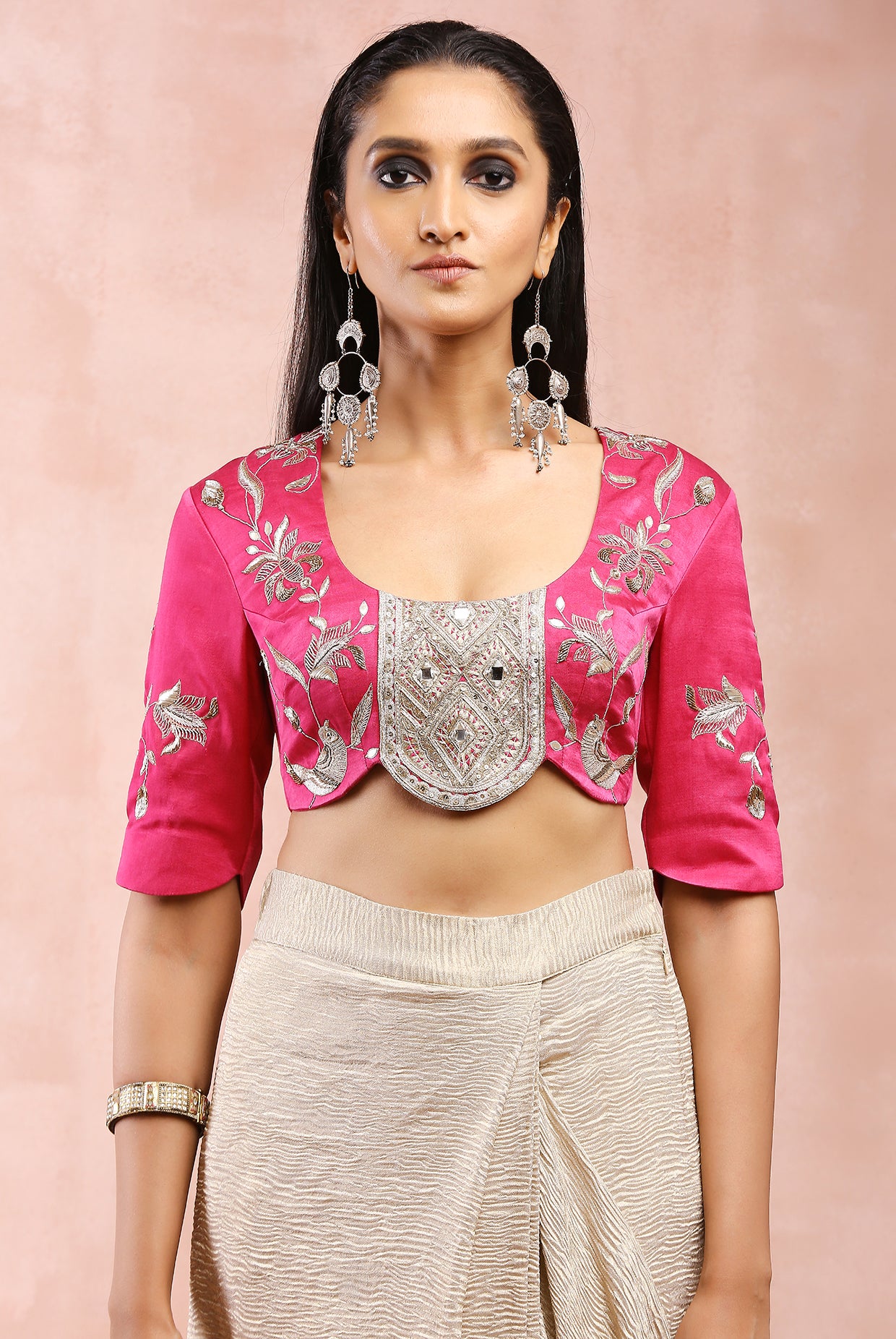 HOT PINK EMBROIDERED CHOLI WITH SILVER SAREE