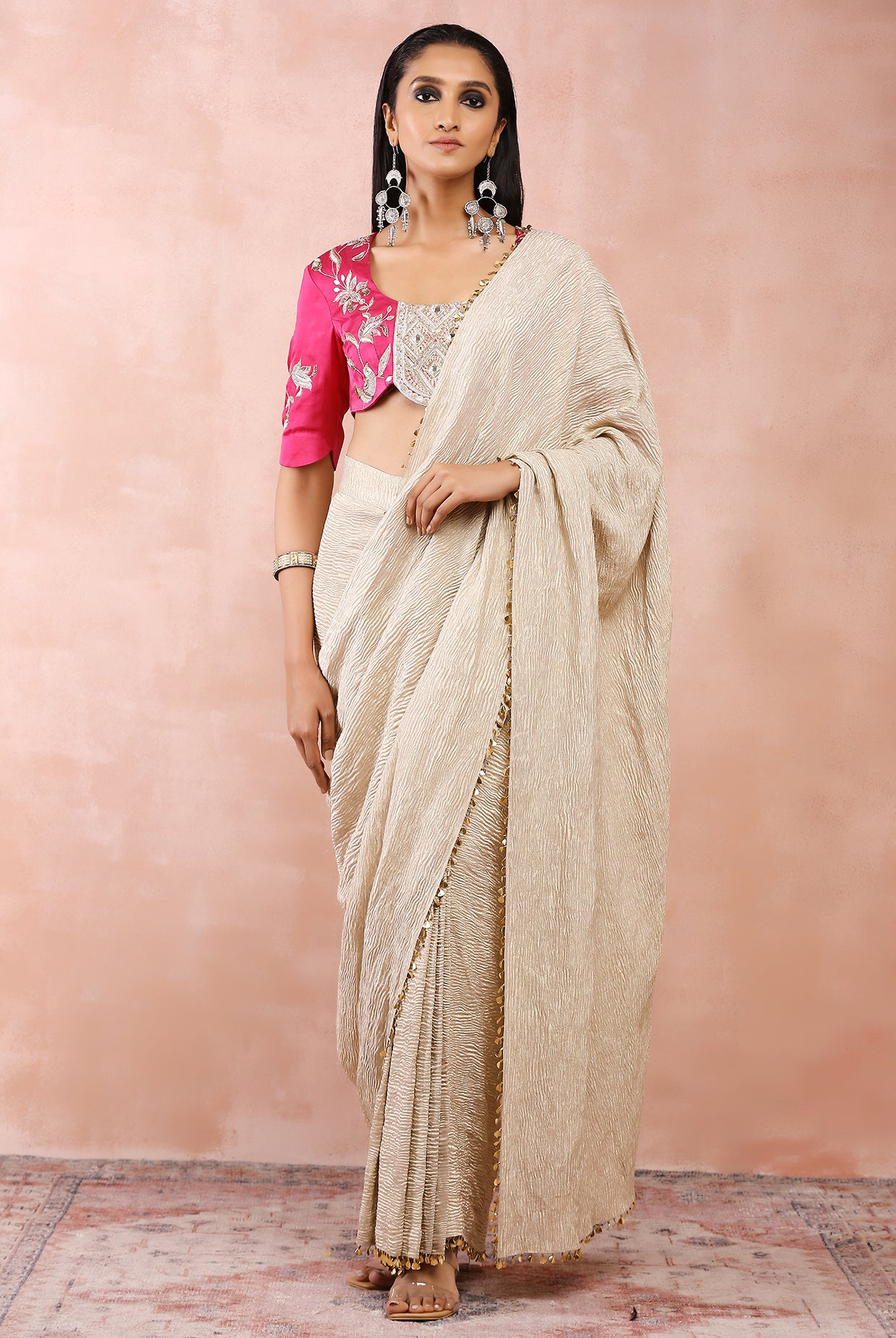 HOT PINK EMBROIDERED CHOLI WITH SILVER SAREE