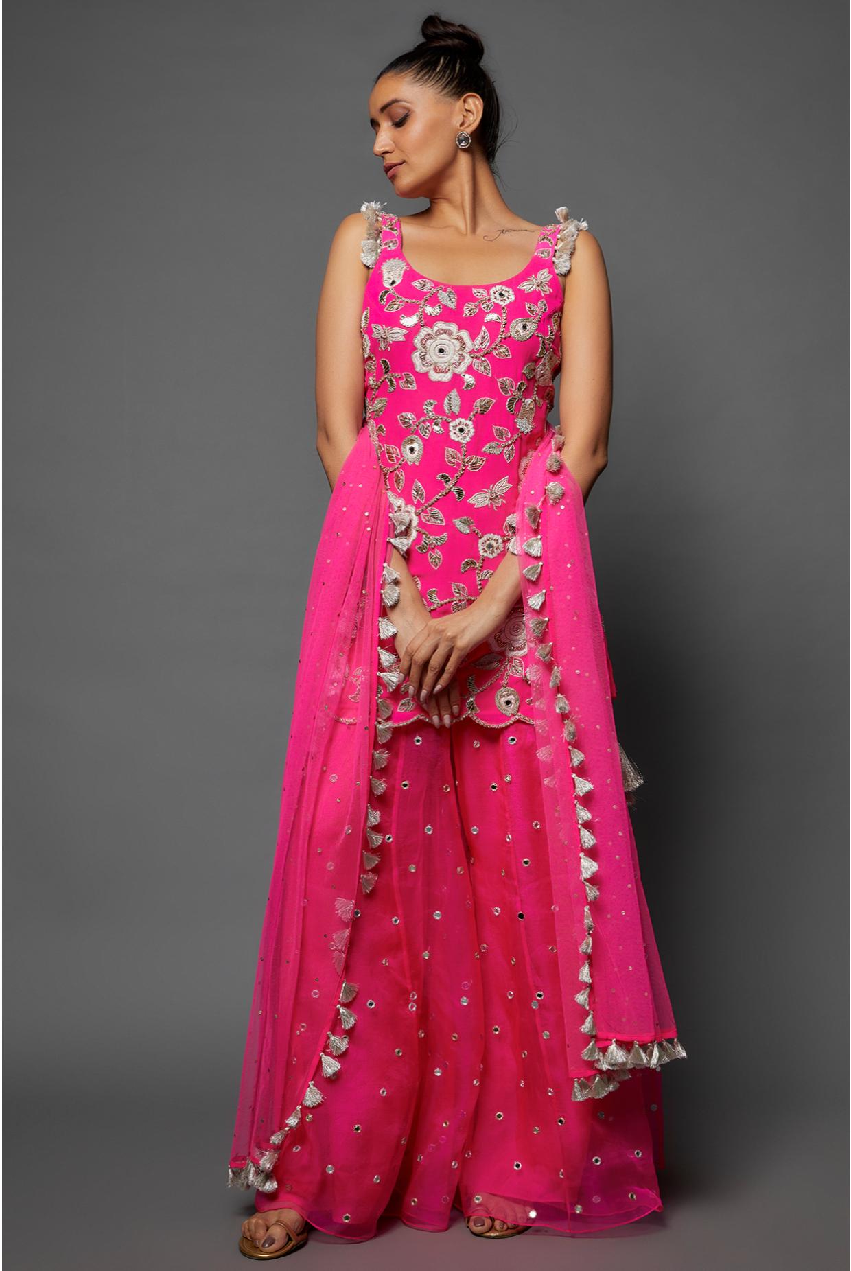 Hot Pink Embroidered Kurta & Sharara With Dupatta 2 / Regular