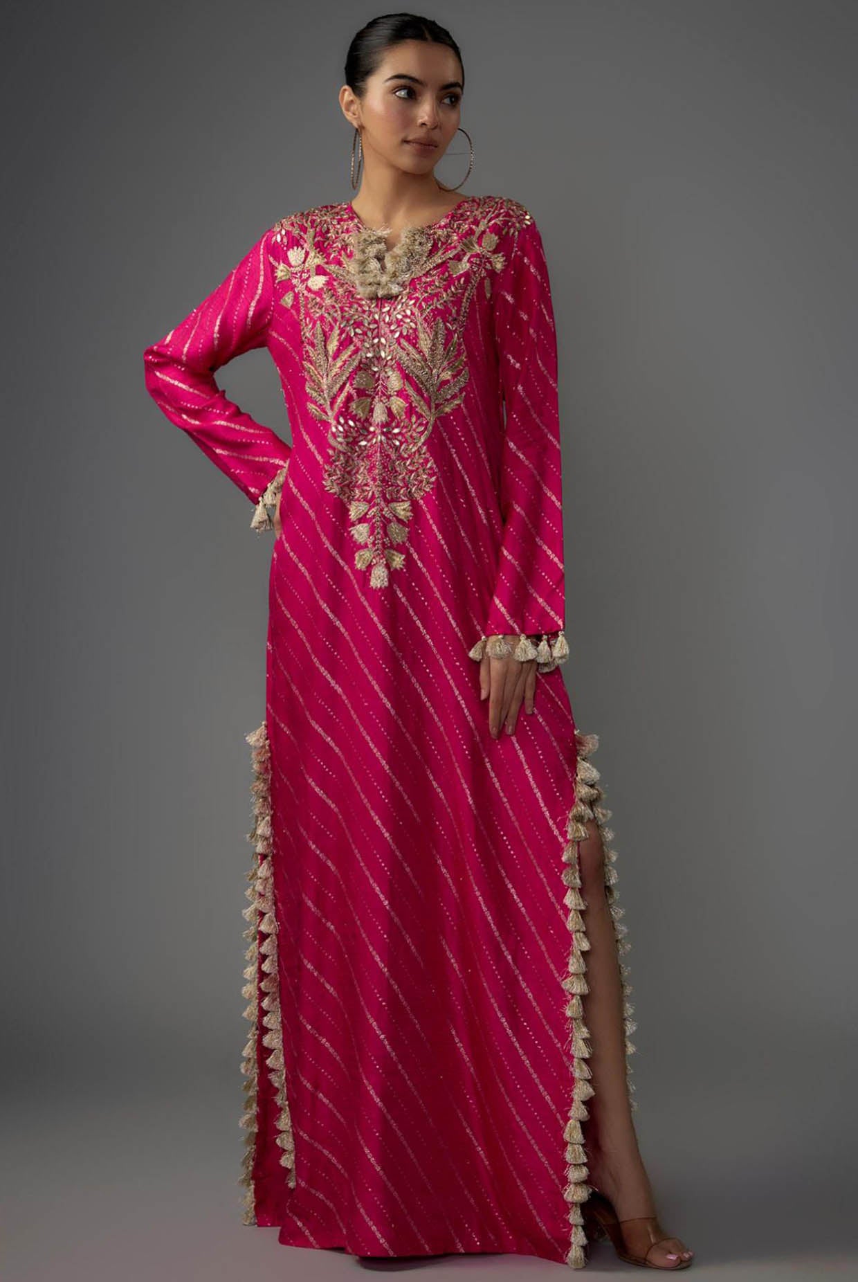 Hot Pink Embroidered Long Beyza Kaftan 14 / Short