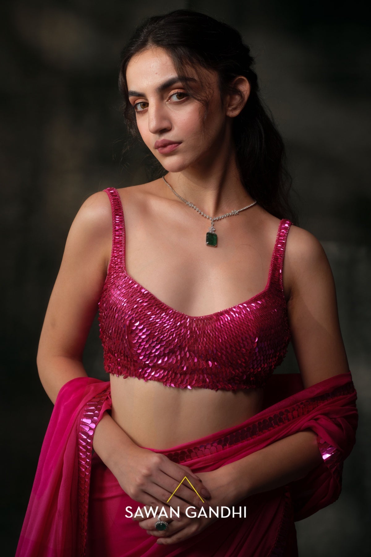 Hot pink Sequins border saree