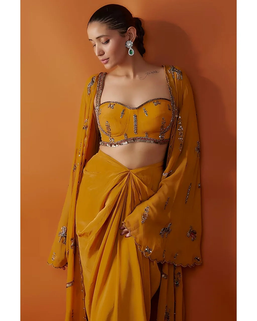 Mustard Drape Skirt And Embroidered Cape Set