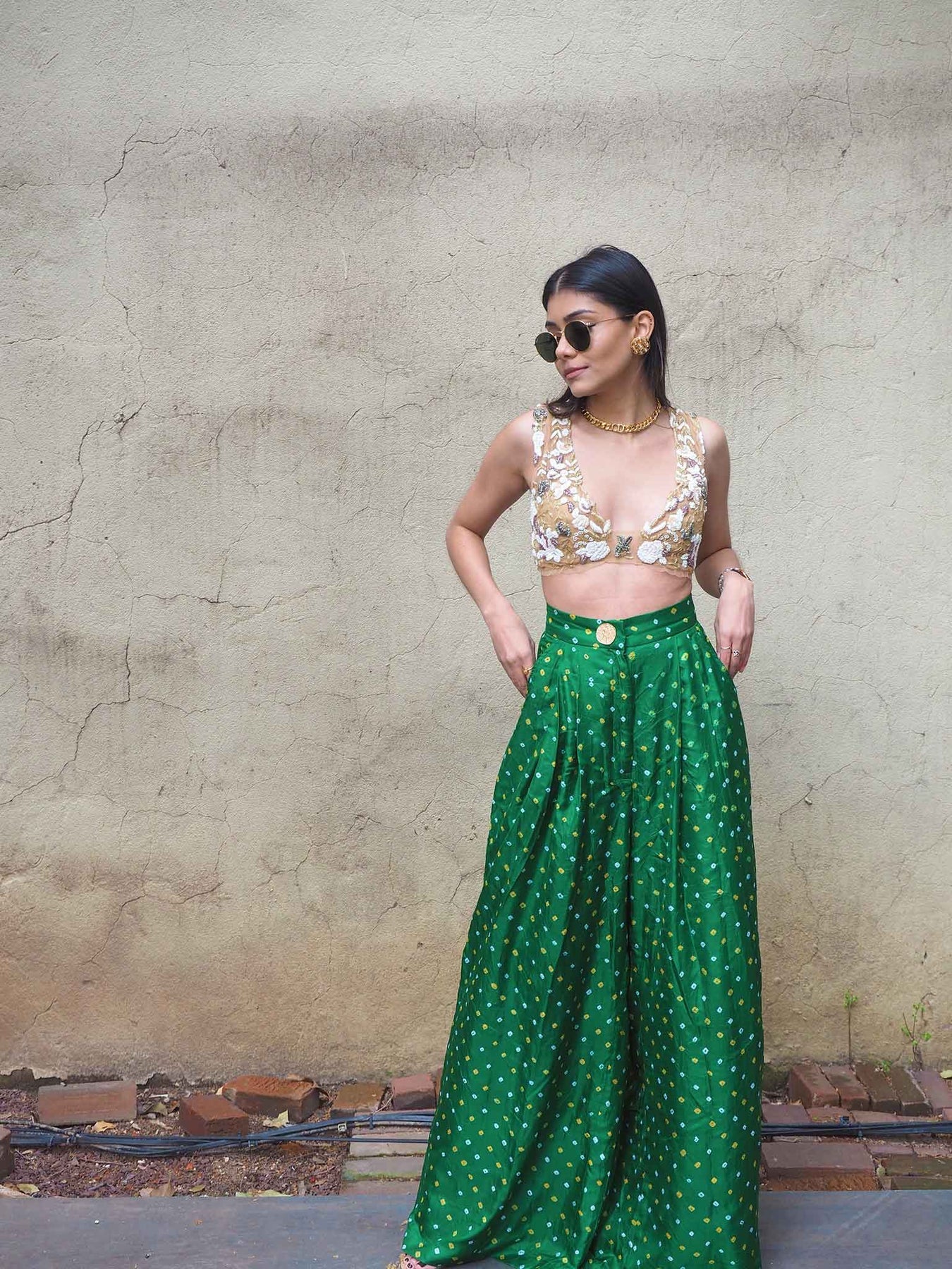 EMERALD BANDHINI TROUSERS, SLINKY NUDE BLOUSE