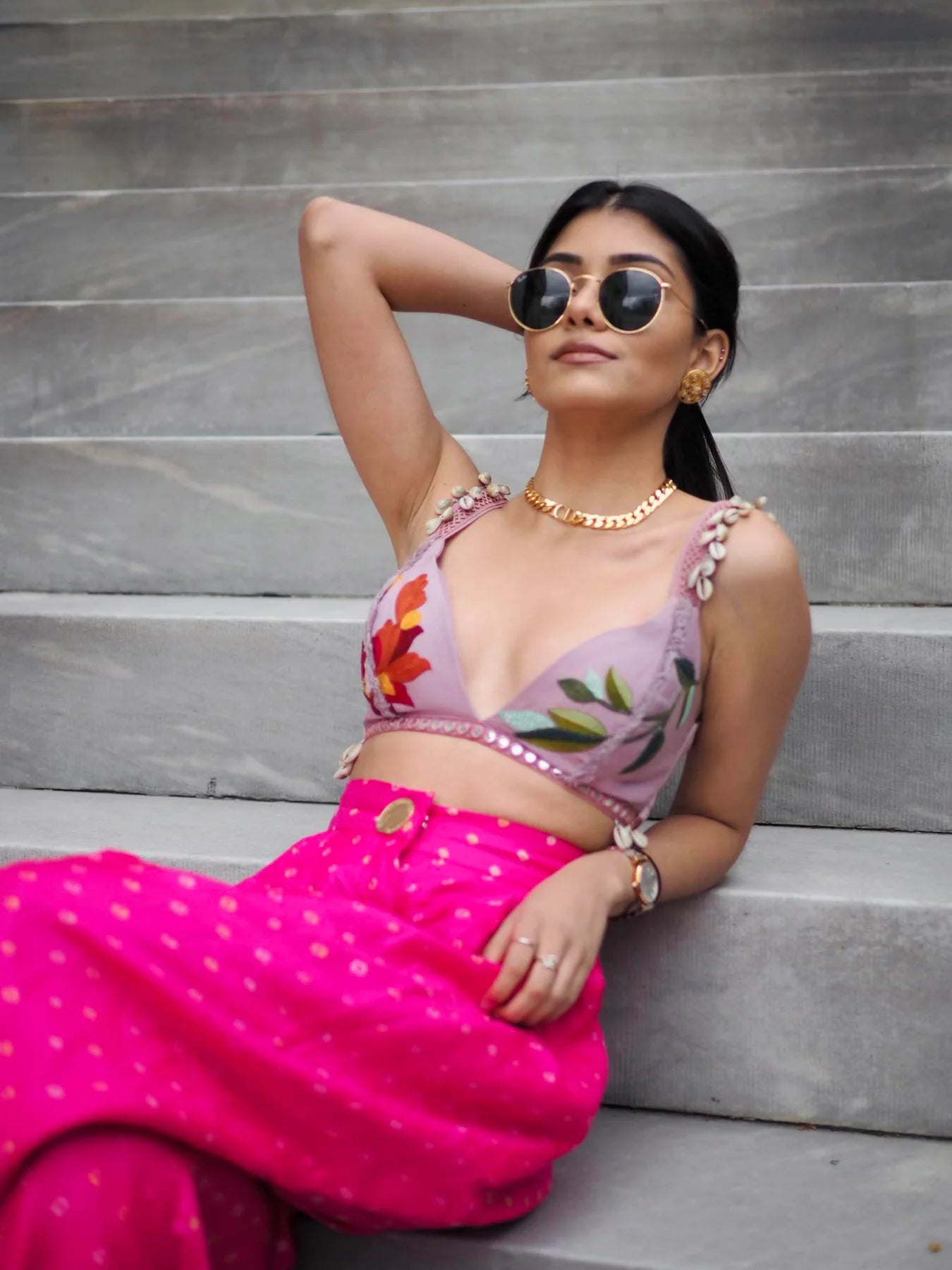 PINK BANDHNI TROUSERS, LILACS AND SEA SHELLS