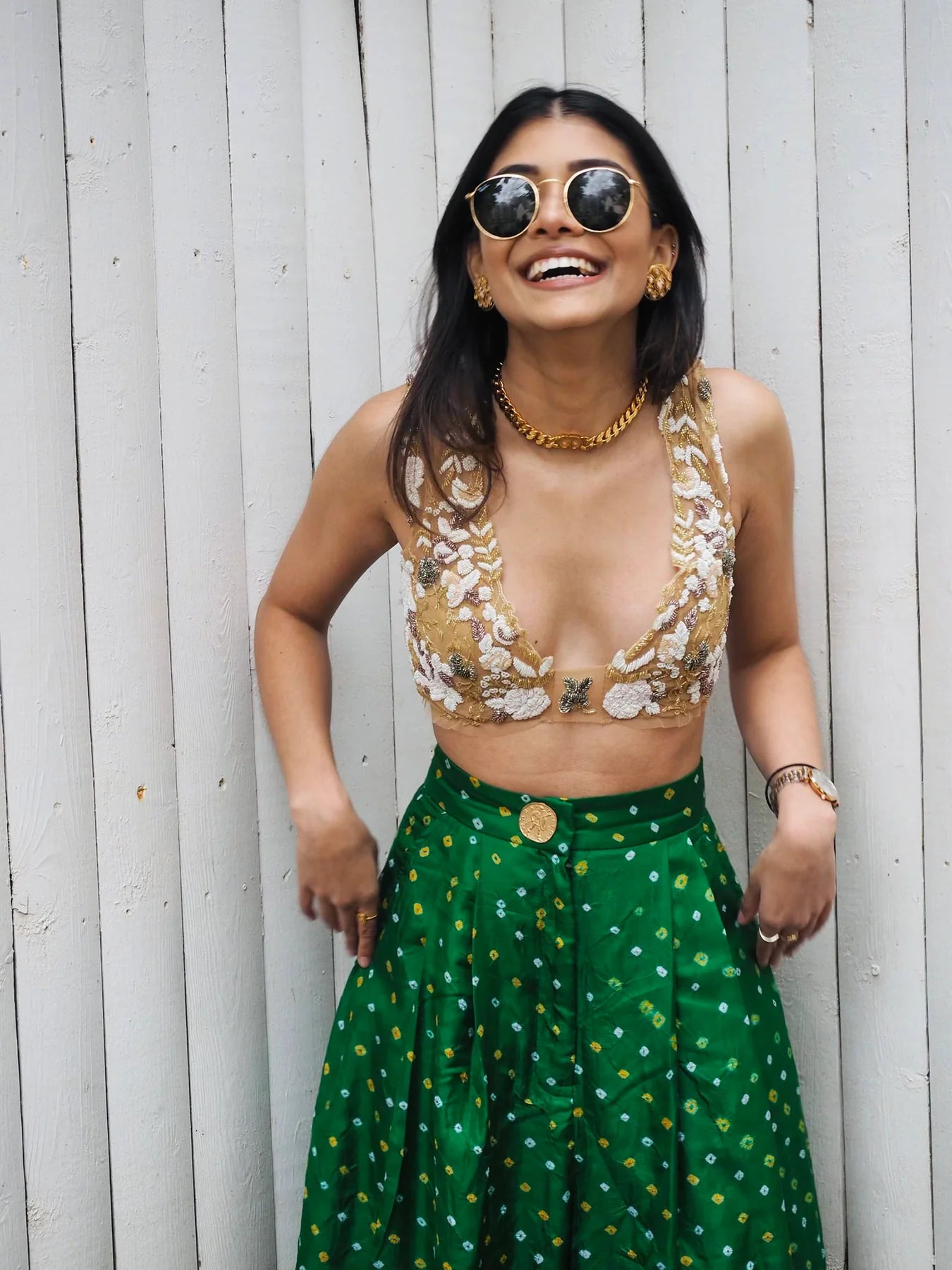 EMERALD BANDHINI TROUSERS, SLINKY NUDE BLOUSE