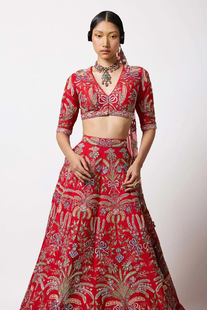 Crimelle - Red Raw Silk Lehenga Set - Ready to Ship